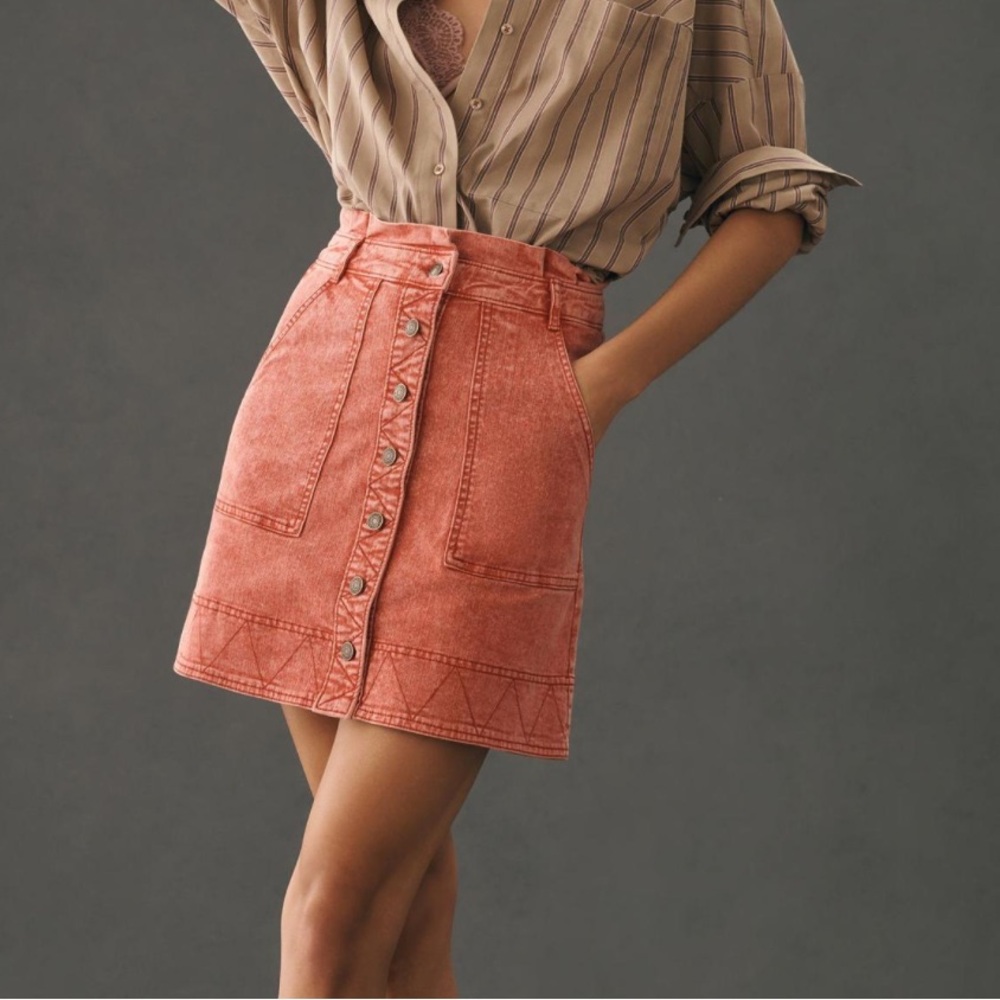 Anthropologie Pilcro Red Denim Buttondown Skirt Size 2